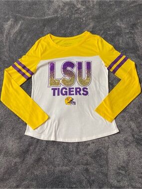 5th & Ocean LSU Tigers Sequin Long Sleeve Raglan Tee Jersey Yellow White Kids 16